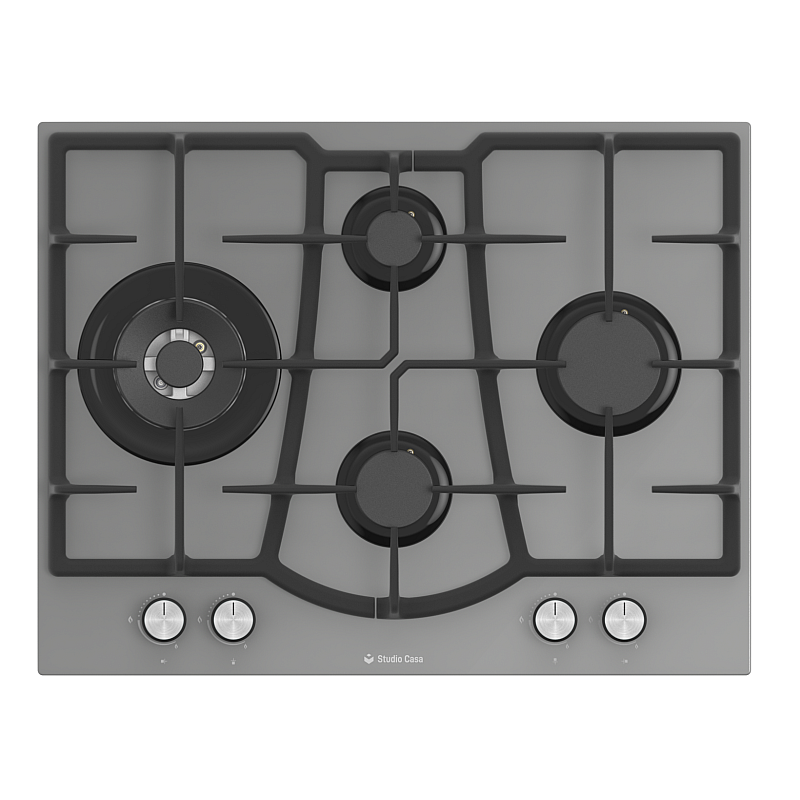 Plita gaz incorporabila Studio Casa Elegance Grey, 70 cm, 4 arzatoare gaz, Wok, Aprindere electrica, Gratare fonta, Valve de siguranta, Sticla gri