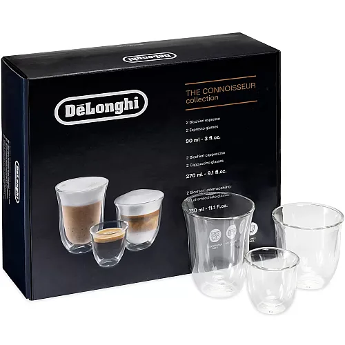 Set 2 pahare Espresso 90 ml, 2 pahare Cappuccino 270 ml si 2 pahare Latte Macchiato 330 ml, cu pereti dubli, DeLonghi DLSC302, Colectia Connoisseur