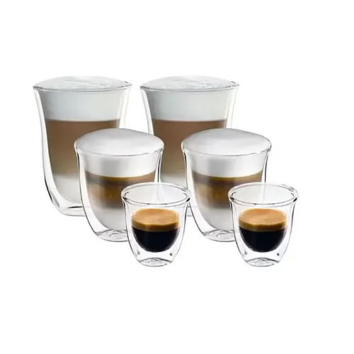 Set 2 pahare Espresso 90 ml, 2 pahare Cappuccino 270 ml si 2 pahare Latte Macchiato 330 ml, cu pereti dubli, DeLonghi DLSC302, Colectia Connoisseur