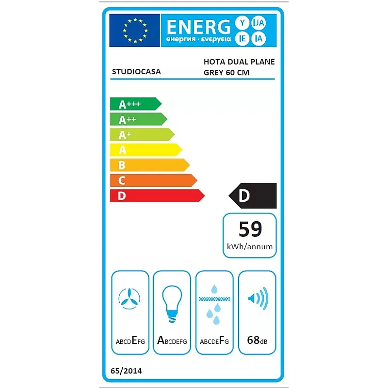Hota decorativa Studio Casa Dual Plane Grey, 60 cm, 1 Motor Tubo, Putere de absorbtie 400 m3/h, Metal si sticla gri