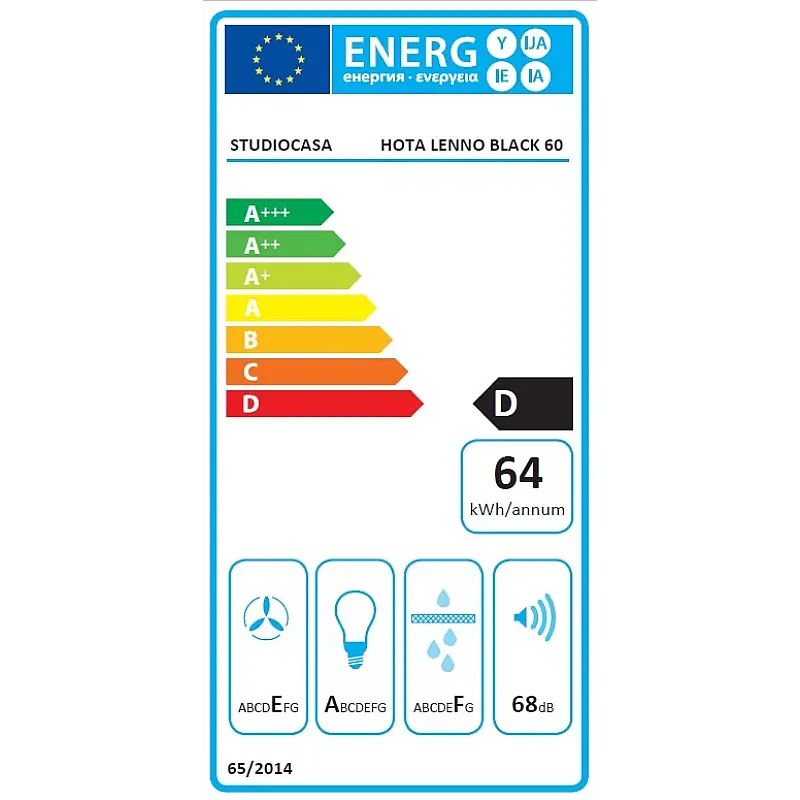 Hota decorativa Studio Casa Lenno Black, 60 cm, 1 Motor Tubo, Putere de absorbtie 400 m3/h, Metal si sticla neagra