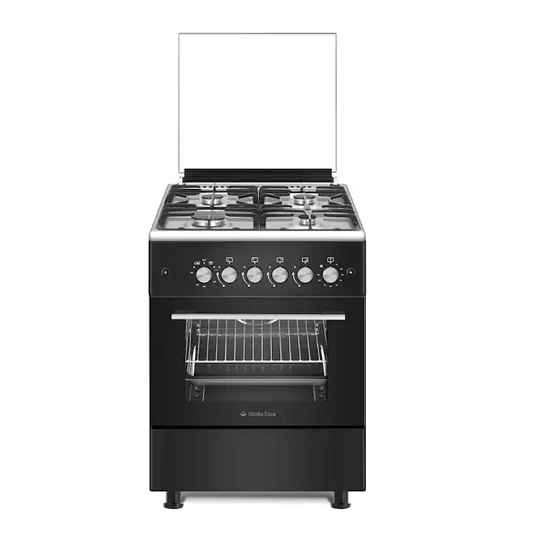 Pachet aragaz clasic 4 arzatoare gaz Studio Casa Glam Marco si, Cuptor gaz, 57 x 57 cm, Rotisor, Ventilator, Grill gaz, Aprindere electrica, Gratare fonta, Negru, Hota decorativa sticla neagra - Studiocasa.ro