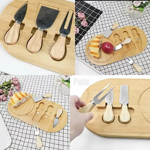 Set platou de branzeturi cu 3 ustensile pentru servire, 36 x 18 x 1.5 cm, din lemn 