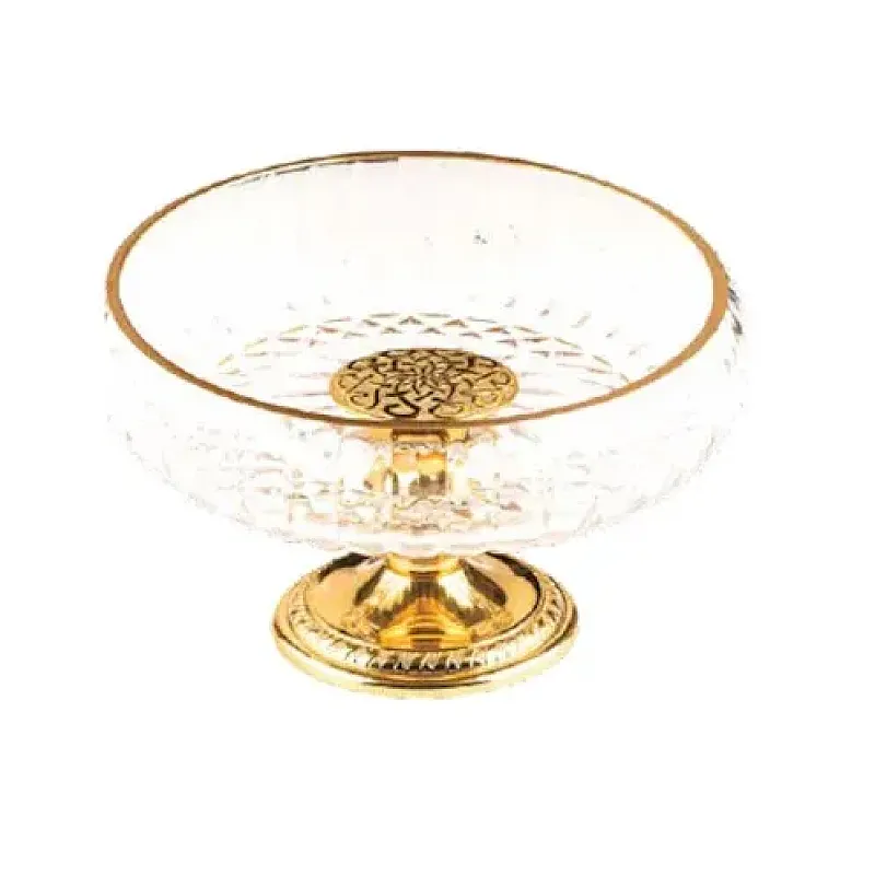 Bol decorativ din sticla pentru servire fructe uscate, nuci, gustari, Deco Art, Diametru 17 cm, Finisaje aurii - Studiocasa.ro