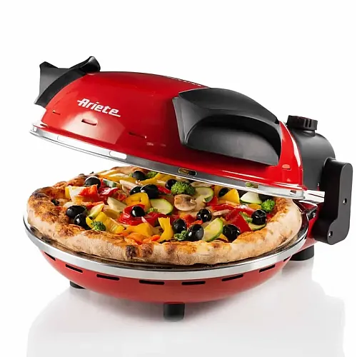 Cuptor electric pentru pizza Ariete "Pizza in 4 minute" 0909/10, 1200W, 32 cm, Pana la 400°C, 5 trepte, Placa de piatra, Acoperire antiaderenta, Rosu