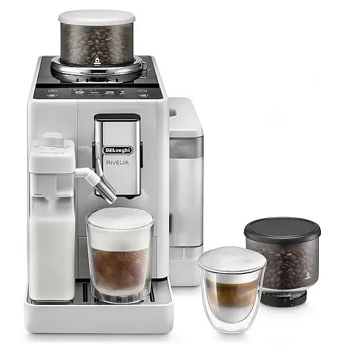 Espressor automat De’Longhi Rivelia EXAM440.55.W, 0132215473, 1450W, 18 tipuri de bauturi, 19 bari, 2 recipiente pentru boabe, Tehnologie Bean Adapt, Carafa de lapte cu tehnologie LatteCrema Hot, Alb