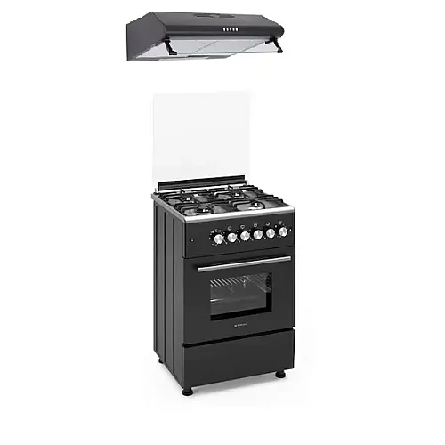 Pachet Aragaz clasic 4 arzatoare gaz Studio Casa Marco Cuptor gaz, 57 x 57 cm , Rotisor, Ventilator, Grill gaz, Aprindere electrica, Gratare fonta, Negru si Hota Alfa Black clasica 60 cm, 2 motoare