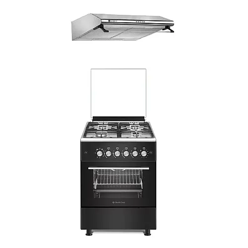 Pachet Aragaz clasic 4 arzatoare gaz Studio Casa Marco Cuptor gaz, 57 x 57 cm , Rotisor, Ventilator, Grill gaz, Aprindere electrica, Gratare fonta, Negru si Hota clasica Alfa Inox 60 cm, 2 motoare