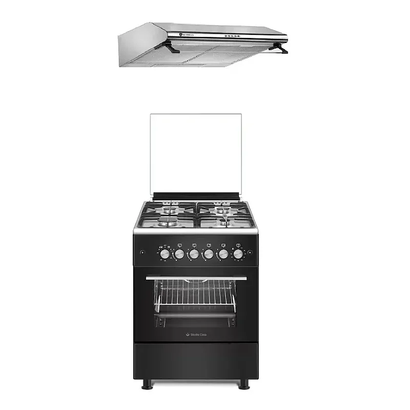 Pachet Aragaz clasic 4 arzatoare gaz Studio Casa Marco Cuptor gaz, 57 x 57 cm si Hota clasica 60 cm, 2 motoare, Rotisor, Ventilator, Grill gaz, Aprindere electrica, Gratare fonta, Negru - Studiocasa.ro