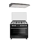 Pachet Aragaz clasic 5 arzatoare gaz, Cuptor electric, 90x60cm, Studio Casa Bergamo, negru cu plita inox, Rotisor, Ventilatie, Aprindere electrica, gratare fonta+ Hota ST2196 inox - Studiocasa.ro