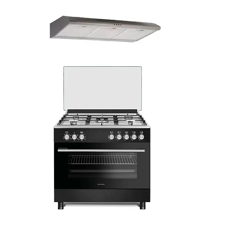 Pachet Aragaz clasic 5 arzatoare gaz, Cuptor electric, 90x60cm, Studio Casa Bergamo, negru cu plita inox, Rotisor, Ventilatie, Aprindere electrica, gratare fonta+ Hota ST2196 inox - Studiocasa.ro