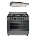 Pachet Aragaz gaz  90 cm Nando Graphite Grey Studio Casa, 5 zone de gatit, Gaz, Wok, Cuptor gaz,  Rotisor, Timer digital, Grill electric, Gratar fonta,  Aprindere electrica, Clasa energetica A, Gri + Hota ST2196 Inox - Studiocasa.ro