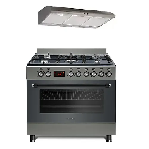 Pachet Aragaz gaz  90 cm Nando Graphite Grey Studio Casa, 5 zone de gatit, Gaz, Wok, Cuptor gaz,  Rotisor, Timer digital, Grill electric, Gratar fonta,  Aprindere electrica, Clasa energetica A, Gri + Hota ST2196 Inox