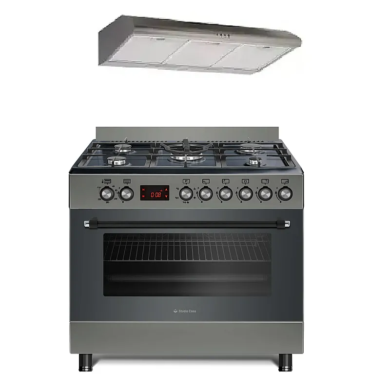 Pachet Aragaz gaz  90 cm Nando Graphite Grey Studio Casa, 5 zone de gatit, Gaz, Wok, Cuptor gaz,  Rotisor, Timer digital, Grill electric, Gratar fonta,  Aprindere electrica, Clasa energetica A, Gri + Hota ST2196 Inox - Studiocasa.ro