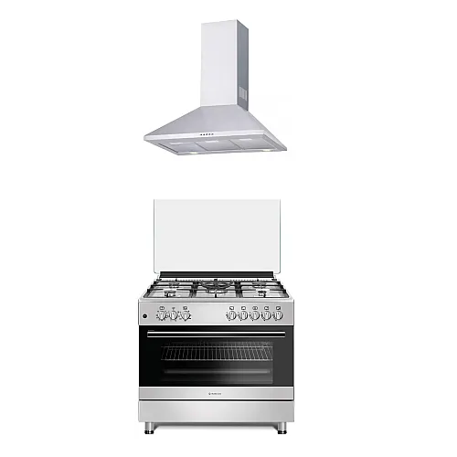 Pachet Aragaz mixt 5 arzatoare gaz, Cuptor electric, 90x60cm, Studio Casa, FE90/60 Multifunctional + Hota Decorativa 90 Cm, Kaminox90, 1 Motor Turbo , Studio Casa