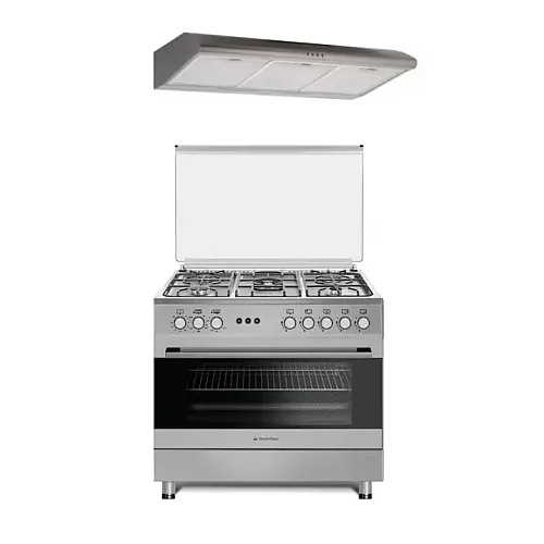 Pachet Aragaz pe gaz 90 cm Prato Inox Studio Casa, 5 zone de gatit si Hota Clasica 90 cm Inox, Gaz, Wok, Rotisor, Timer mecanic, Grill electric, Gratar fonta, Dubla ventilatie coacere, Inox