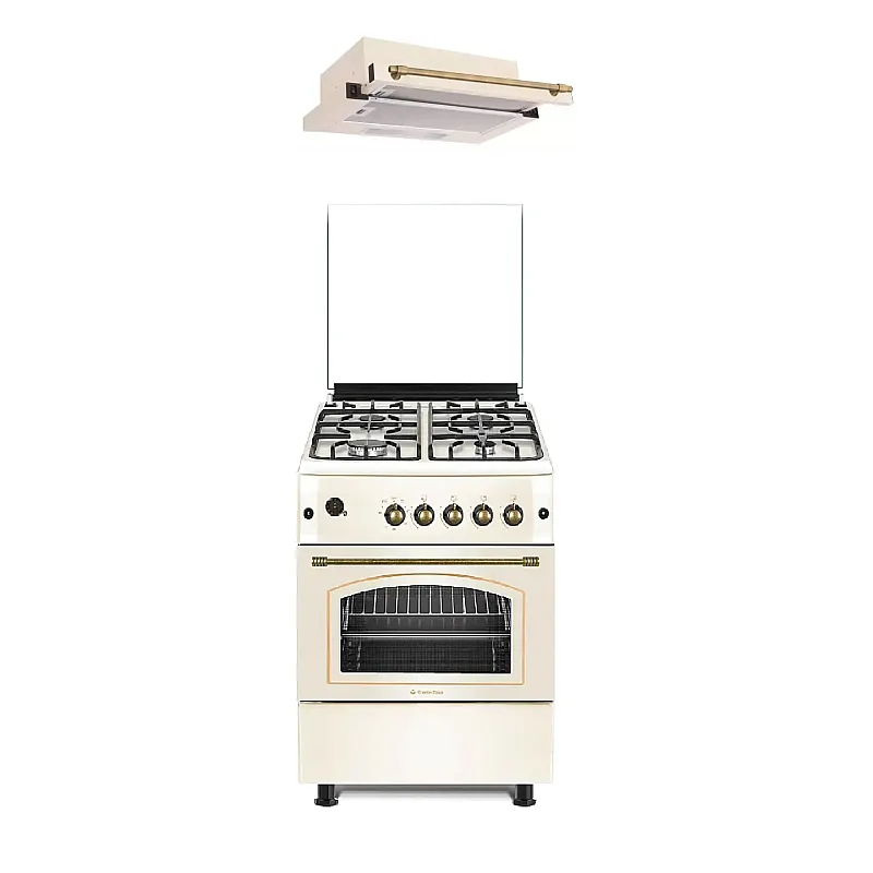 Pachet Aragaz rustic 4 arzatoare gaz, Cuptor pe gaz, 60x60cm, Studio Casa SIERRA VIVA , Rotisor, Grill gaz, Ventilatie Turbo + Hota incorporabila telescopica, 60 cm, Studio Casa Lean Retro - Studiocasa.ro