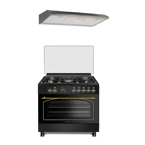 Pachet Aragaz rustic 5 arzatoare gaz, Negru, 90 cm, Ravena Antracit Studio Casa,  rotisor, cuptor electric cu ventilatie, Gratare fonta + Hota ST2196 inox