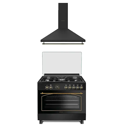 Pachet Aragaz rustic 5 arzatoare gaz, Negru, 90 cm, Ravena Antracit Studio Casa,  rotisor, cuptor electric cu ventilatie, Gratare fonta + Tosca Turbo 90 cm