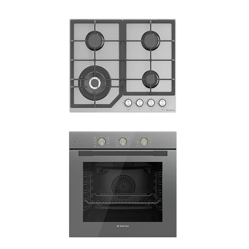 Pachet cuptor electric incorporabil si plita gaz Duo Parma Glass Classic Grey Studio Casa, 6 functii, Ventilator, Timer mecanic, Sticla gri