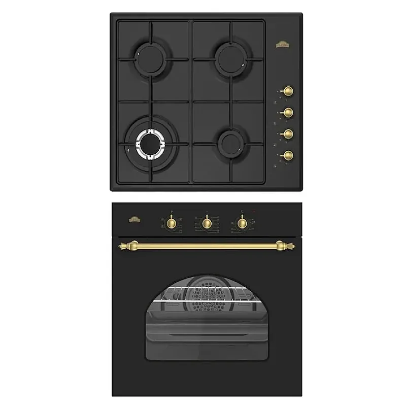 Pachet cuptor electric și plită gaz incorporabile Nuova Cucina Retro Black Star, 60 l, 4 arzătoare, negru - Studiocasa.ro