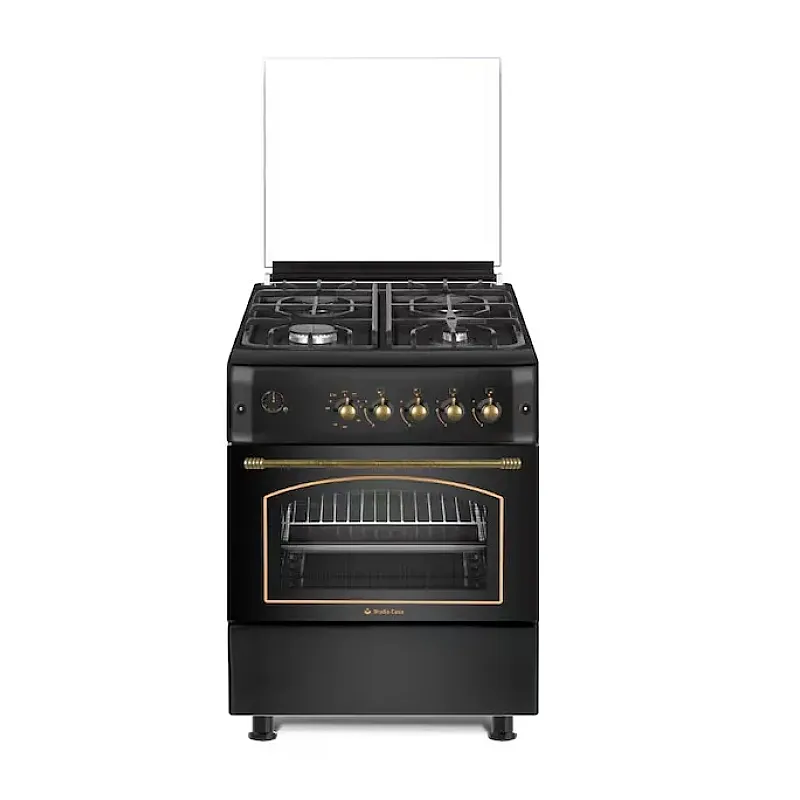 Pachet Aragaz rustic Studio Casa Viva Sierra 60 x 60 cm, Cuptor Gaz+ Ventilatie Turbo, 4 ochiuri gaz, Rotisor, Grill gaz, Gratare fonta, Negru antracit +Hota Clasica Alfa Black 2 Motoare , Studio Casa - Studiocasa.ro