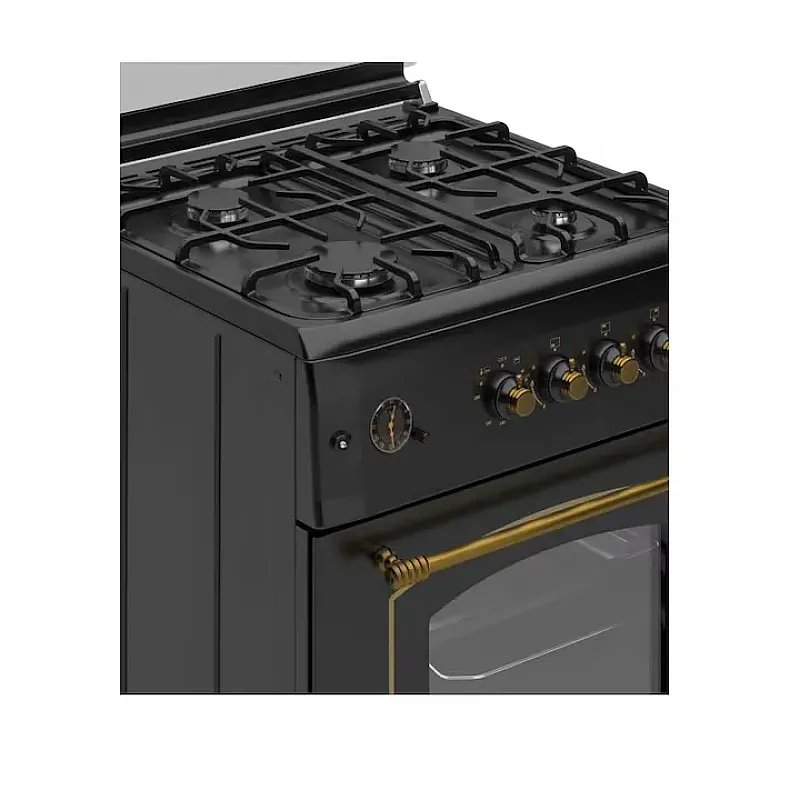 Pachet Aragaz rustic Studio Casa Viva Sierra 60 x 60 cm, Cuptor Gaz+ Ventilatie Turbo, 4 ochiuri gaz, Rotisor, Grill gaz, Gratare fonta, Negru antracit +Hota Clasica Alfa Black 2 Motoare , Studio Casa - Studiocasa.ro