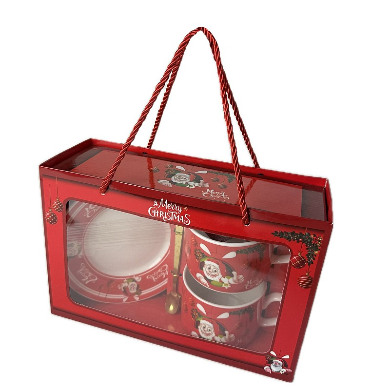 Set cadou Craciun cu 2 cani, 2 farfurii, 2 lingurite din ceramica in cutie eleganta - Studiocasa.ro