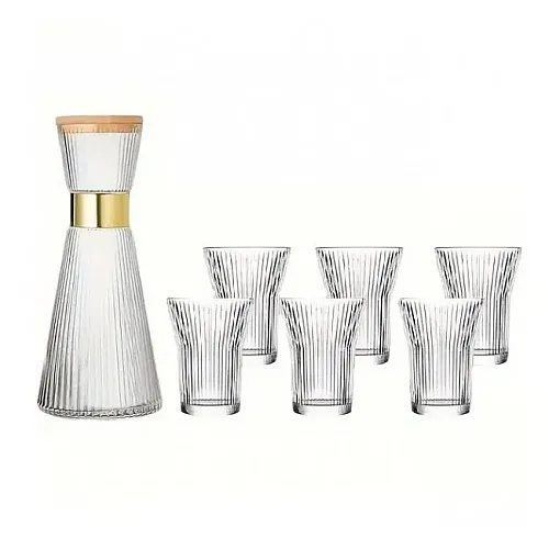 Set carafa si 6 pahare din sticla transparenta Lemonade, detaliu auriu