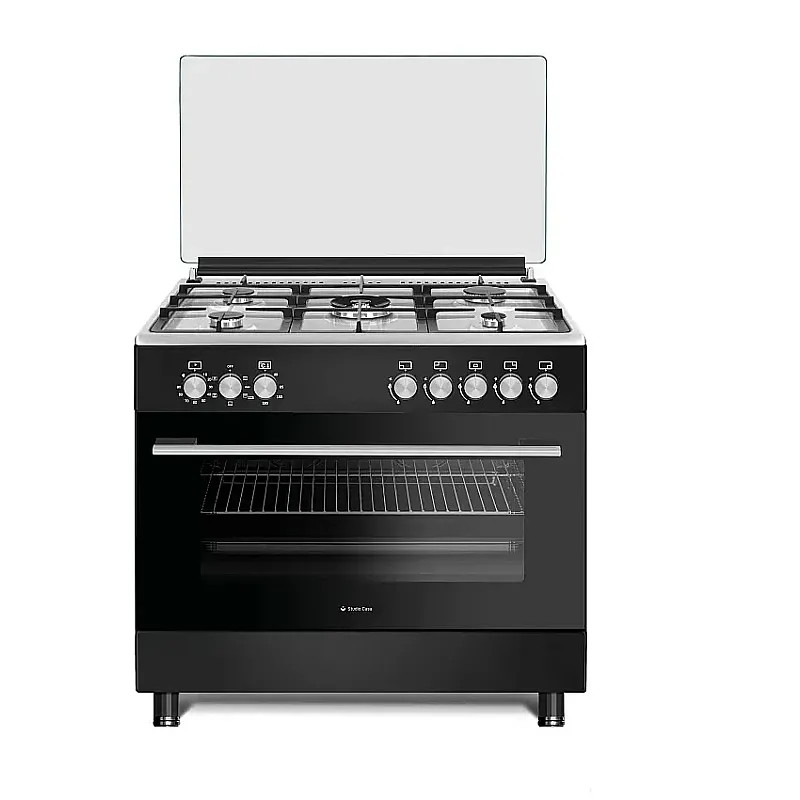 Pachet Aragaz clasic 5 arzatoare gaz, Cuptor electric, 90x60cm, Studio Casa Bergamo, negru cu plita inox, Rotisor, Ventilatie, Aprindere electrica, gratare fonta+ Hota ST2196 inox - Studiocasa.ro