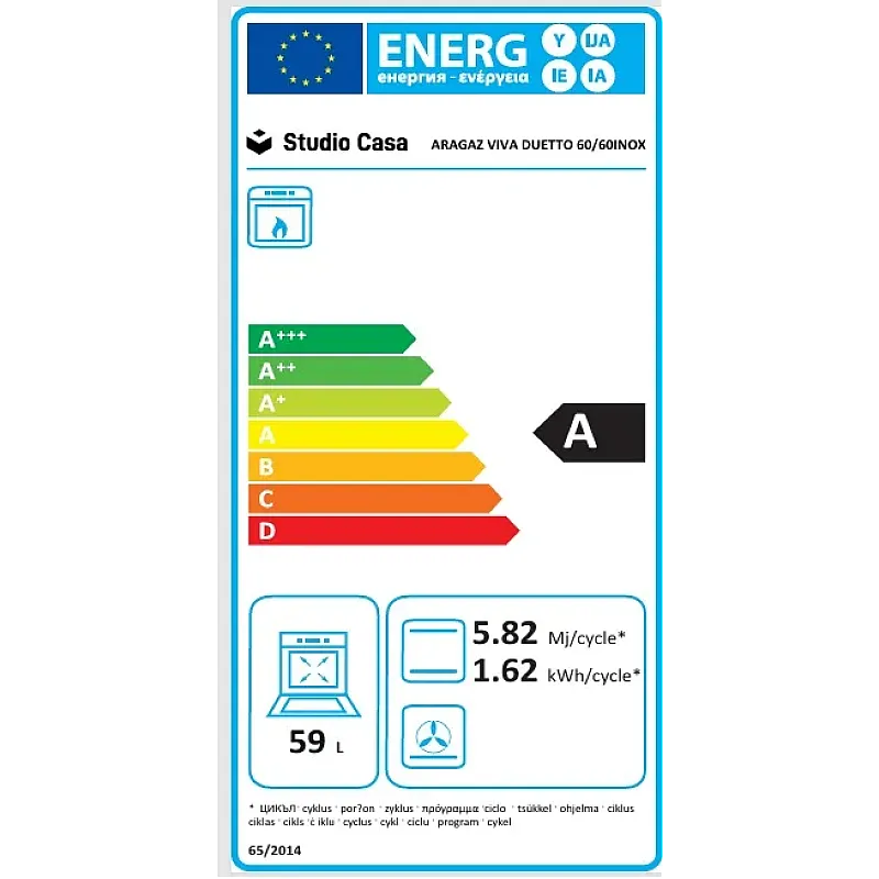 Aragaz mixt 4 arzatoare gaz, 2 cuptoare: Cuptor electric + Cuptor gaz, 60x60cm, Studio Casa  VIVA DUETTO 60/60 INOX cm, Aprindere electrica, Inox/ Sticla neagra - Studiocasa.ro