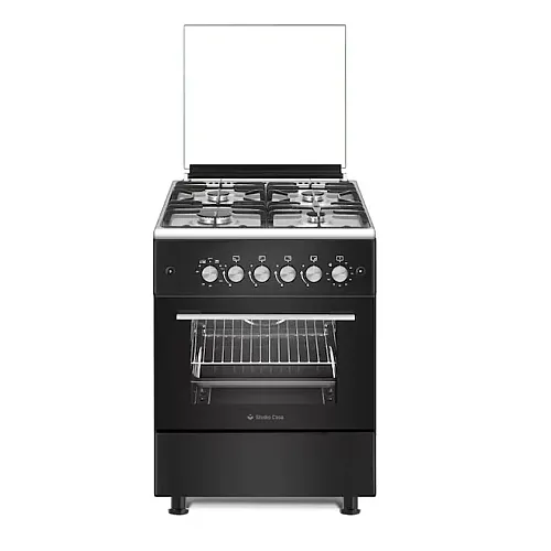 Pachet Aragaz clasic 4 arzatoare gaz Studio Casa Marco Cuptor gaz, 57 x 57 cm , Rotisor, Ventilator, Grill gaz, Aprindere electrica, Gratare fonta, Negru si Hota Alfa Black clasica 60 cm, 2 motoare
