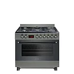 Pachet Aragaz gaz  90 cm Nando Graphite Grey Studio Casa, 5 zone de gatit, Gaz, Wok, Cuptor gaz,  Rotisor, Timer digital, Grill electric, Gratar fonta,  Aprindere electrica, Clasa energetica A, Gri + Hota ST2196 Inox - Studiocasa.ro