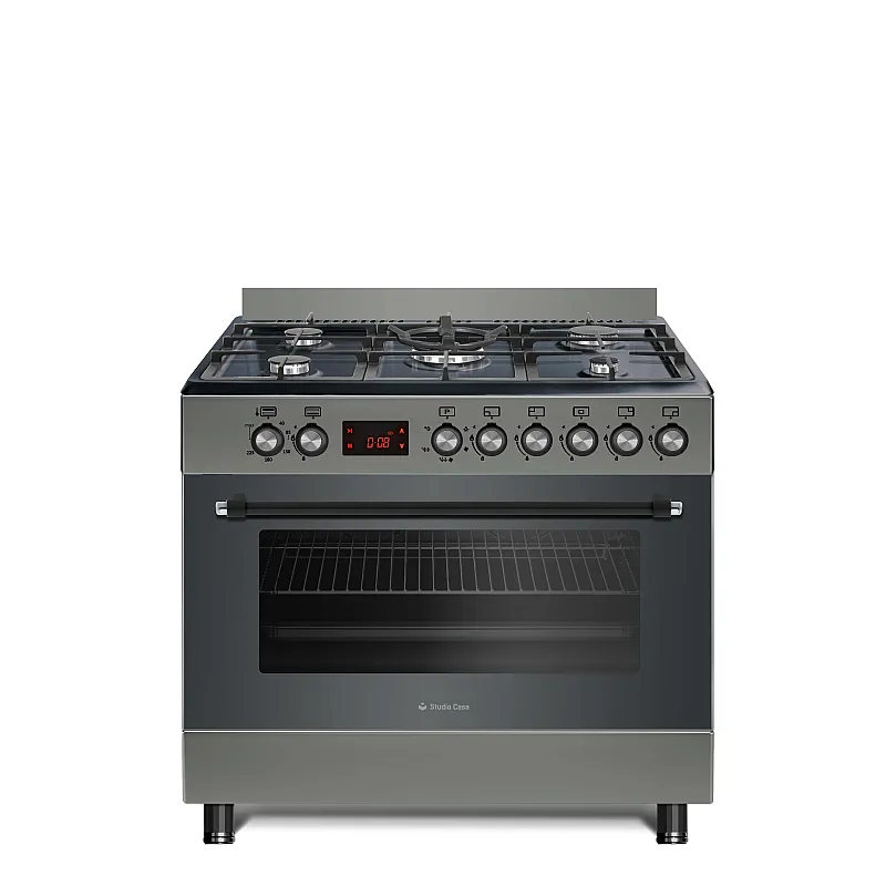 Pachet Aragaz gaz  90 cm Nando Graphite Grey Studio Casa, 5 zone de gatit, Gaz, Wok, Cuptor gaz,  Rotisor, Timer digital, Grill electric, Gratar fonta,  Aprindere electrica, Clasa energetica A, Gri + Hota ST2196 Inox - Studiocasa.ro