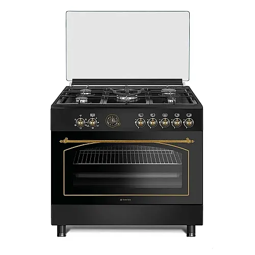 Pachet Aragaz rustic 5 arzatoare gaz, Negru, 90 cm, Ravena Antracit Studio Casa,  rotisor, cuptor electric cu ventilatie, Gratare fonta + Hota ST2196 inox