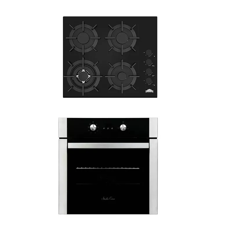 Pachet Cuptor Electric Incorporabil, Studio Casa Venezia Clasic, Ln605Blk, 56L, Clasa A, Termostat, 8 Functii + Plită pe gaz incorporabilă Nuova Cucina, 60cm, 4 arzătoare, Wok, sticlă neagră - Studiocasa.ro