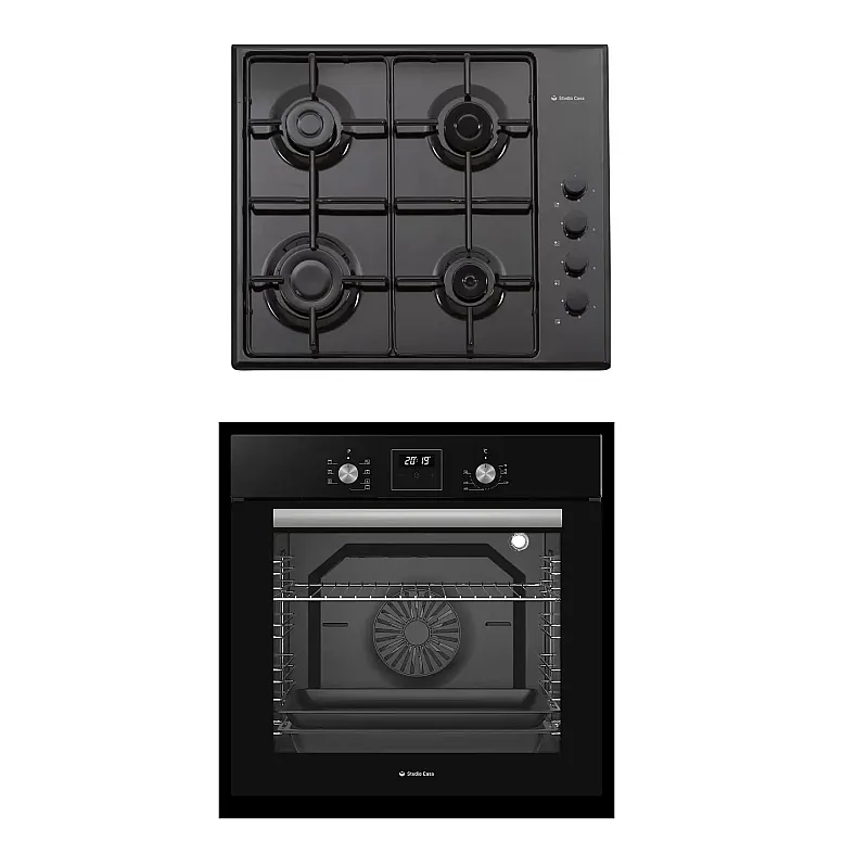 Pachet Cuptor electric incorporabil Studio Casa Ambra Nero FE808, 8 functii, Ventilator, Timer digital, 80 l, Grill electric, Clasa energetica A, Sticla neagra + Plita pe gaz Studio Casa PG660 ISEO Black, 4 arzatoare gaz - Studiocasa.ro