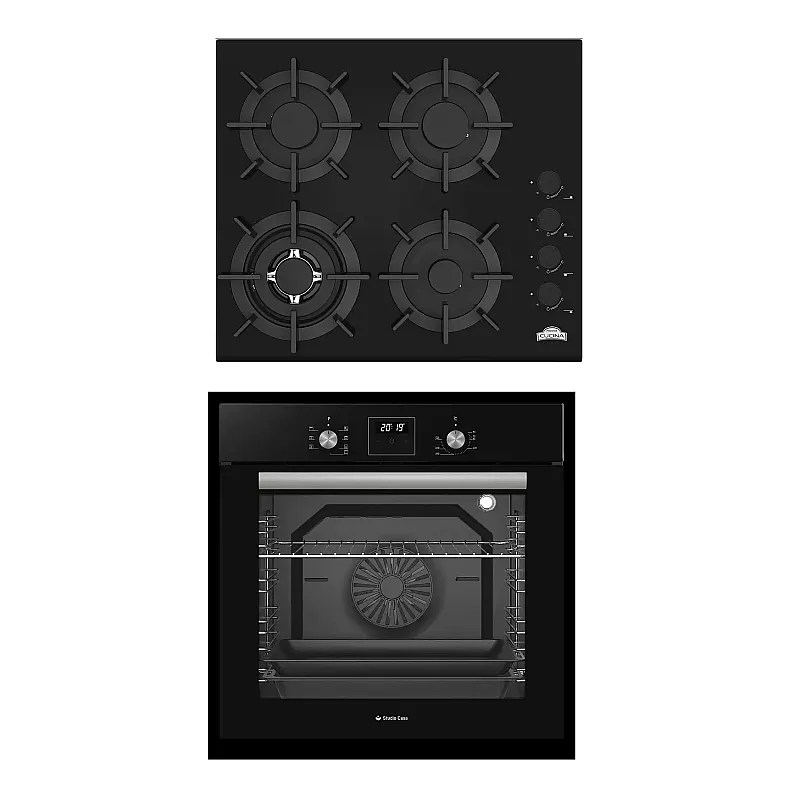 Pachet Cuptor electric incorporabil Studio Casa Ambra Nero FE808, 8 functii, Ventilator, Timer digital, 80 l, Grill electric, Clasa energetica A, Sticla neagra + Plită pe gaz incorporabilă Nuova Cucina, 60cm, 4 arzătoare, Wok, sticlă neagră - Studiocasa.r