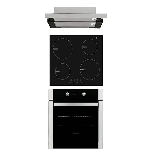 Pachet incorporabil cuptor electric, plita Inductie sticla neagra si hota telescopica Perfect Combo Studio Casa, clasa A, 8 functii, gratare fonta, Negru / Inox