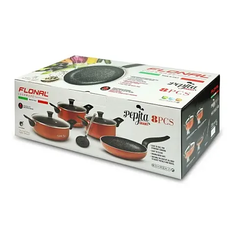 Set 8 piese Flonal: Tigaie 24 cm, 2 Cratite 20/24 cm, Cratita Joasa 28 cm, 3 Capace de Sticla 20/24/28 cm, Spumiera, Pepita Granit, Culoare aramiu