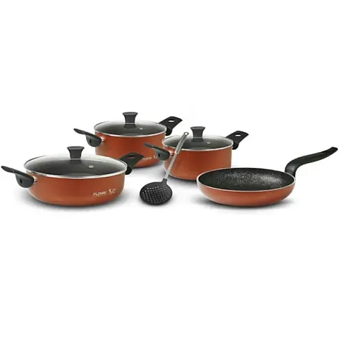 Set 8 piese Flonal: Tigaie 24 cm, 2 Cratite 20/24 cm, Cratita Joasa 28 cm, 3 Capace de Sticla 20/24/28 cm, Spumiera, Pepita Granit, Culoare aramiu