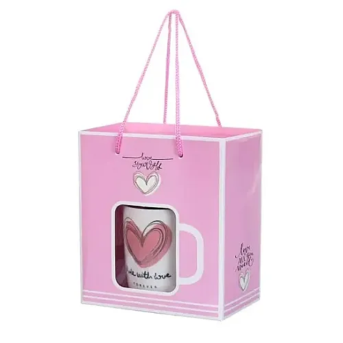 Set cana ceramica cu lingurita Valentine's Day, Cutie eleganta, 250 ml, Roz