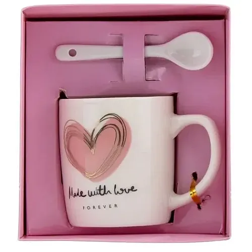 Set cana ceramica cu lingurita Valentine's Day, Cutie eleganta, 250 ml, Roz