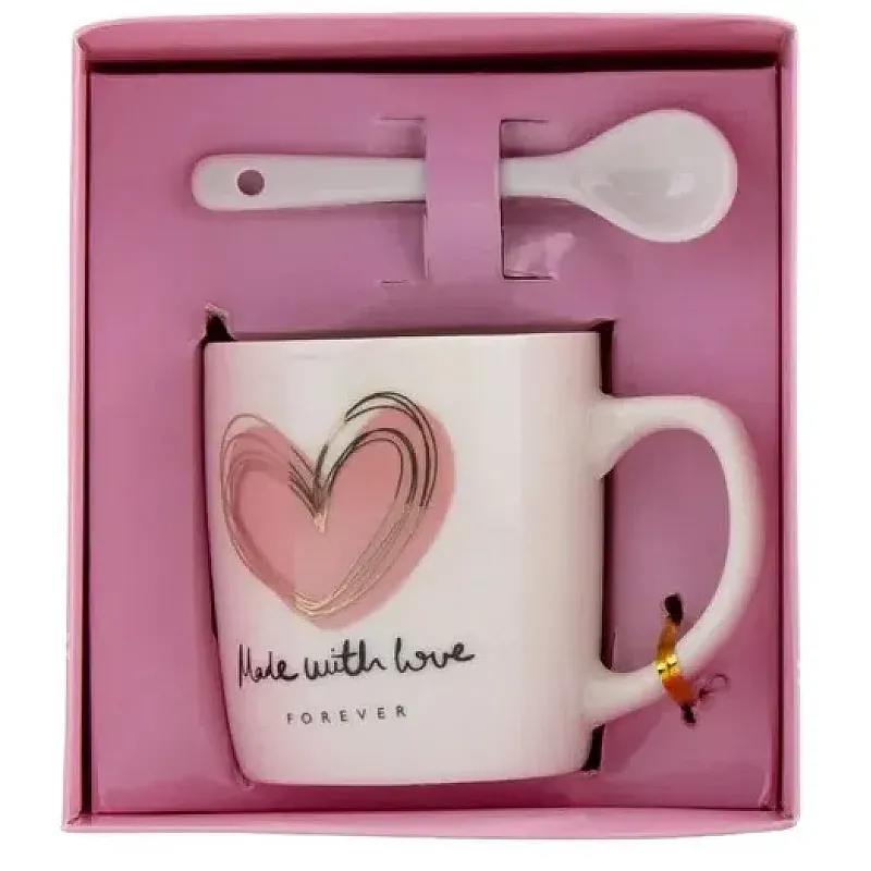 Set cana ceramica cu lingurita Valentine's Day, Cutie eleganta, 250 ml, Roz - Studiocasa.ro