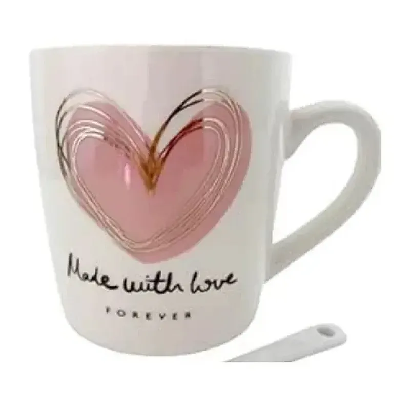 Set cana ceramica cu lingurita Valentine's Day, Cutie eleganta, 250 ml, Roz - Studiocasa.ro