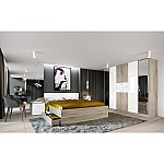 Dormitor set: Pat 164.5x204x81 cm, Dulap cu oglinda si LED 220x58x200 cm, Noptiere 45x40.5x45.5 cm, Culoare sonoma - supraluciu alb