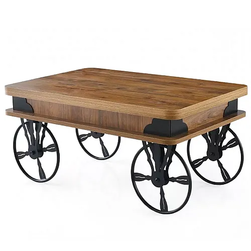 Masa modulara Coffee & Dining Marova Wheel Natural Studio Casa, 90 x 60 cm, extinsa 120 x 90 cm, Design industrial