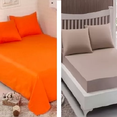 Pachet De 2 Set-Uri De 3 Piese Yuny Mally Home, 100% Bumbac, Cearceaf Pat Dublu Cu Elastic 160X200 Cm Si Doua Fete De Perna 50X70Cm Orange+ Bej