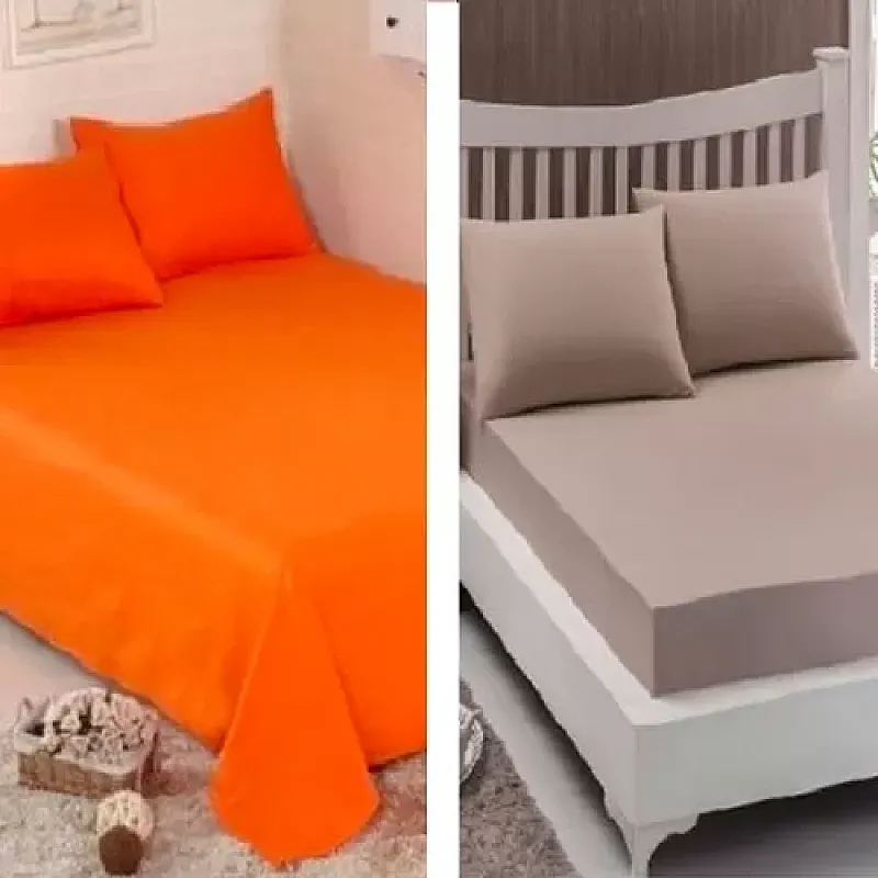 Pachet De 2 Set-Uri De 3 Piese Yuny Mally Home, 100% Bumbac, Cearceaf Pat Dublu Cu Elastic 160X200 Cm Si Doua Fete De Perna 50X70Cm Orange+ Bej
