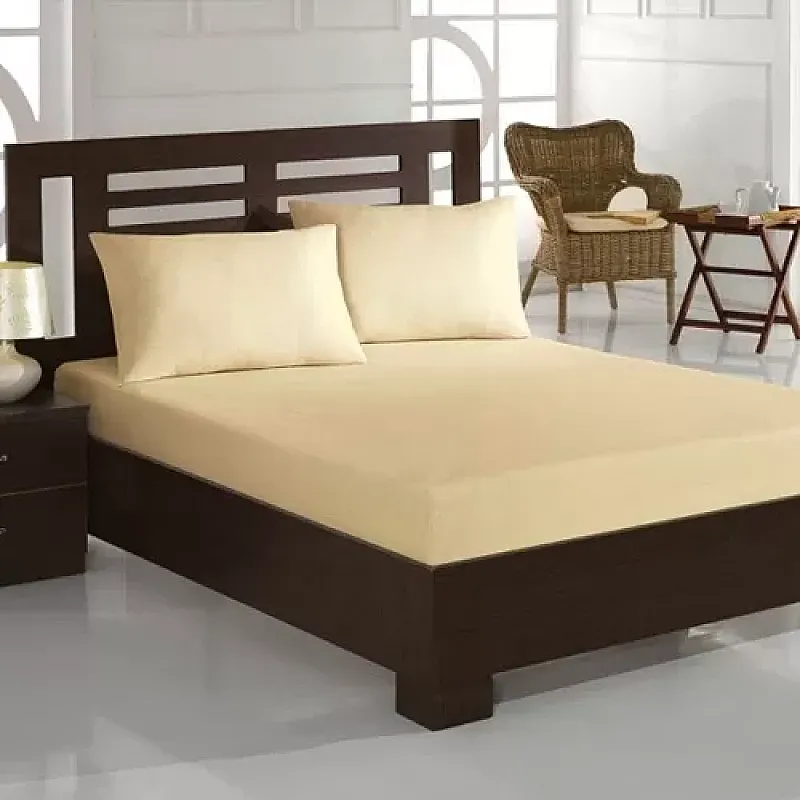 Set 3 Piese Studio Casa, 100% Bumbac, Cearceaf Pat Dublu Cu Elastic Si Doua Fete De Perna, Crem, 160X200 Cm